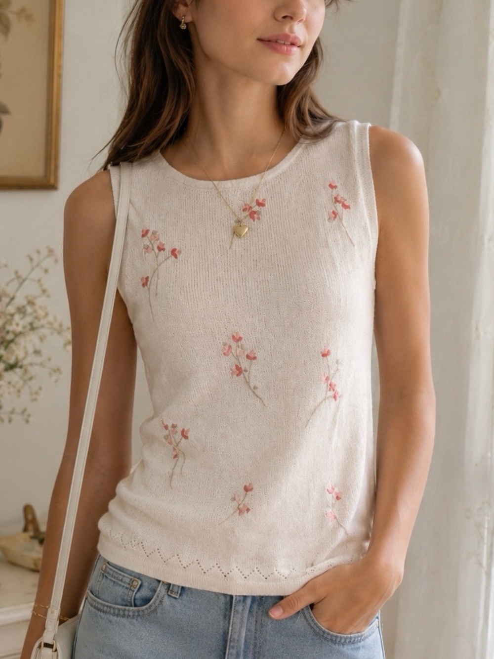 Van Heusen Floral Knit Sleeveless Sweater Tank Top Cottagecore Soft Girl Y2K | M